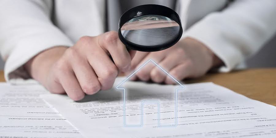 Personne qui tient une loupe sur une document avec un dessin d'une maison en surimpression