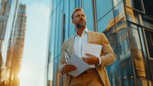 Agent immobilier devant un immeuble
