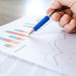 Main tenant une stylo au-dessus de graphiques colorés représentant des données financières et économiques liées à l’immobilier d’entreprise.