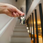 une main tenant un trousseau de clés avec un porte-clés en forme de maison